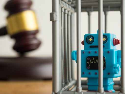 toy robot in prison, with a gavel in the background